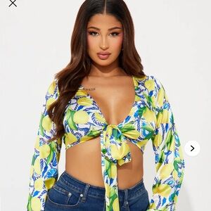 Fashion Nova Lemon Print Crop Top - Yellow and Blue
